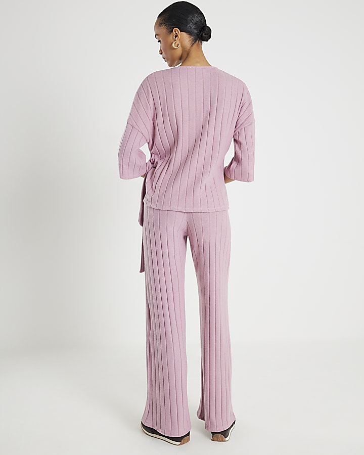 Pink Cosy Ribbed Wide Leg Trousers