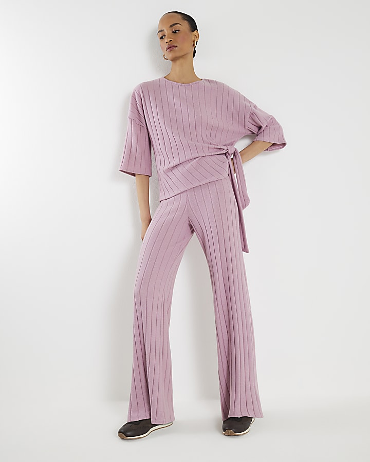 Pink Cosy Ribbed Wide Leg Trousers