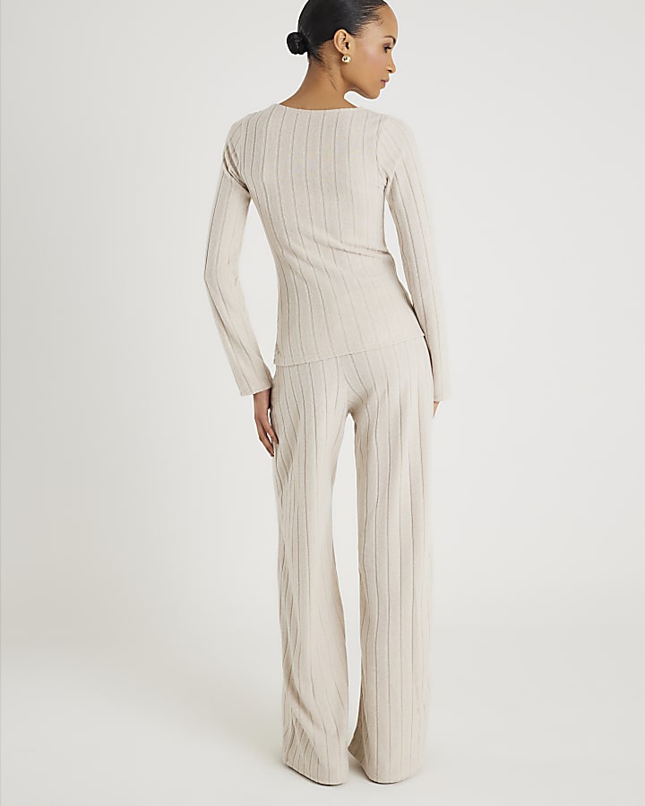 Beige Cosy Wide Leg Ribbed Trousers