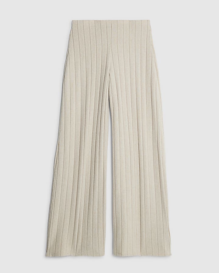 Beige Cosy Wide Leg Ribbed Trousers
