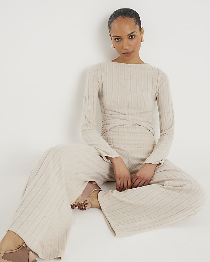 Beige Cosy Wide Leg Ribbed Trousers