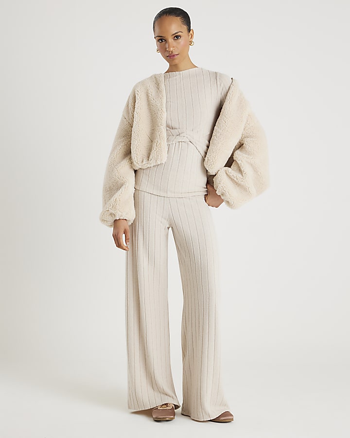 Beige Cosy Wide Leg Ribbed Trousers