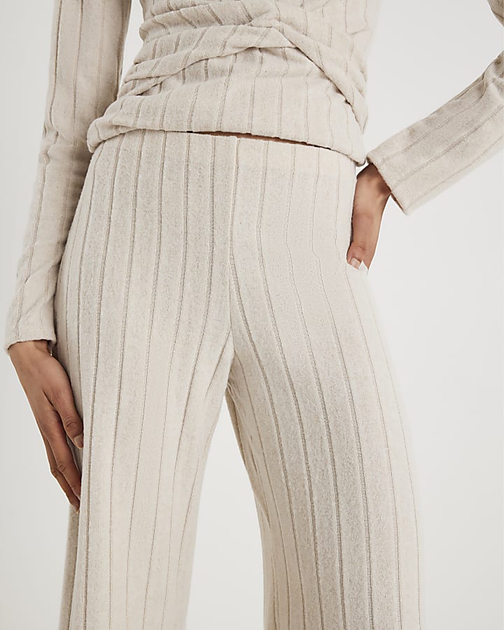 Beige Cosy Wide Leg Ribbed Trousers