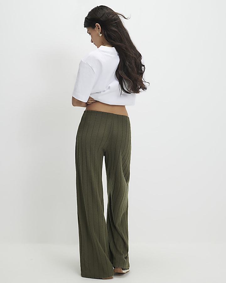 Petite Khaki Cosy Wide Ribbed Trousers