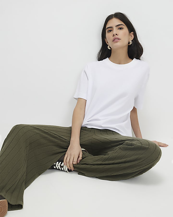 Petite Khaki Cosy Wide Ribbed Trousers
