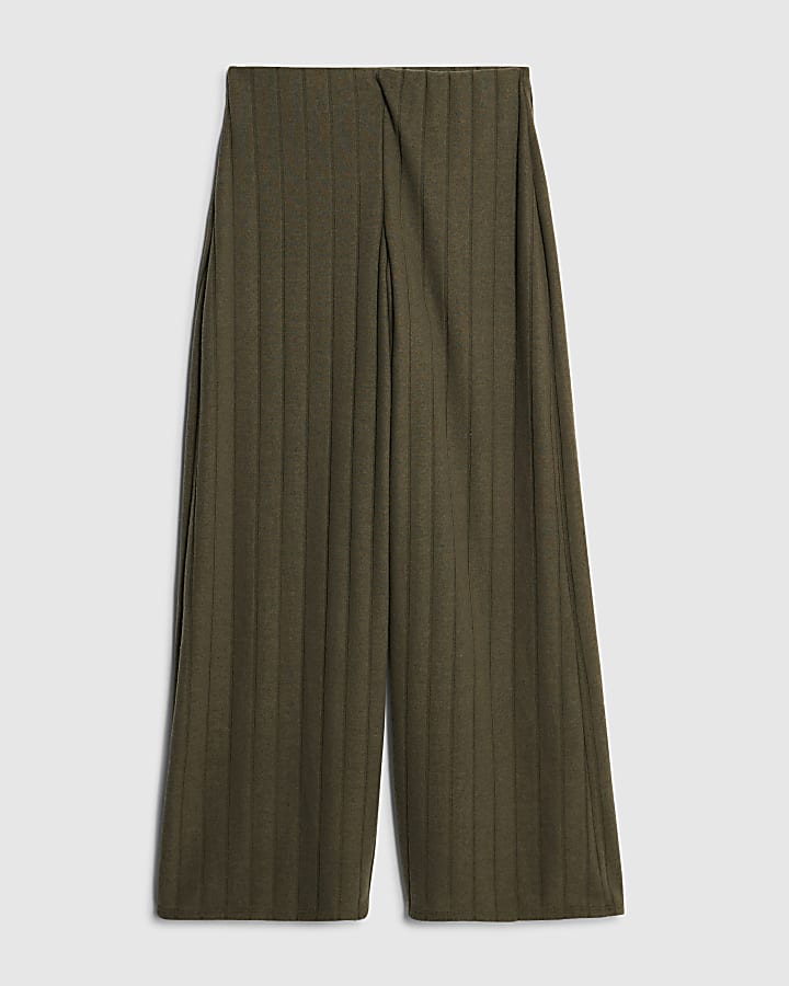 Petite Khaki Cosy Wide Ribbed Trousers