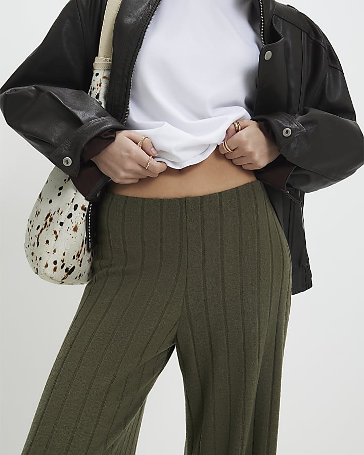 Petite Khaki Cosy Wide Ribbed Trousers