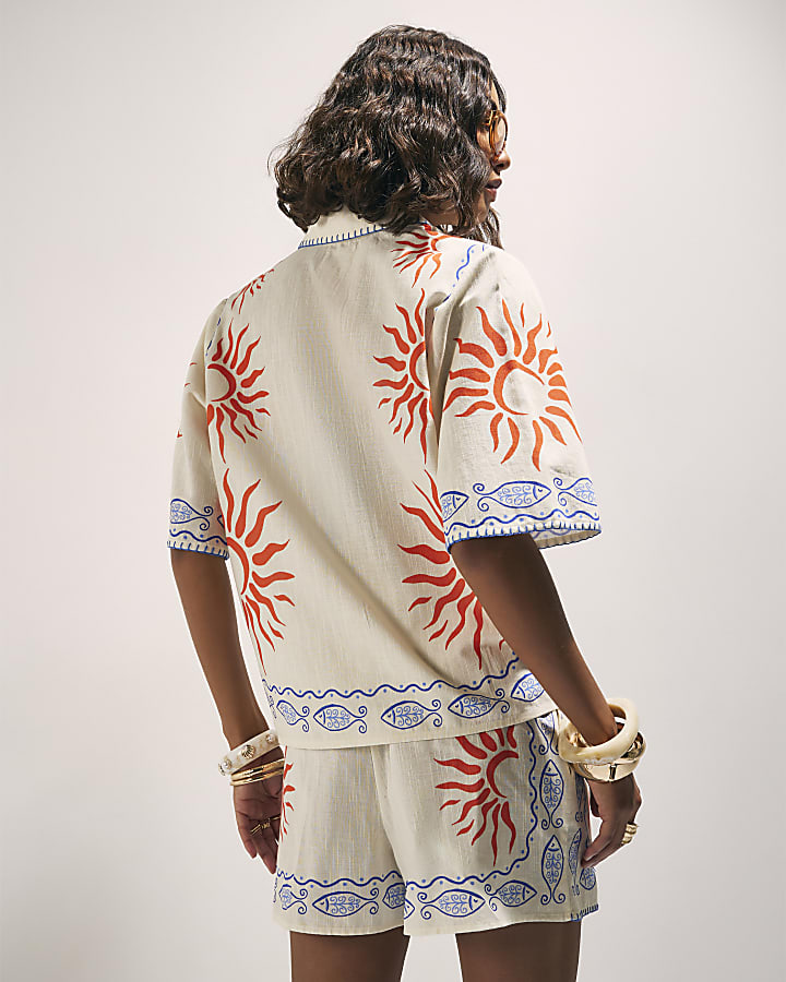 Cream Sun Embroidered Border Shirt