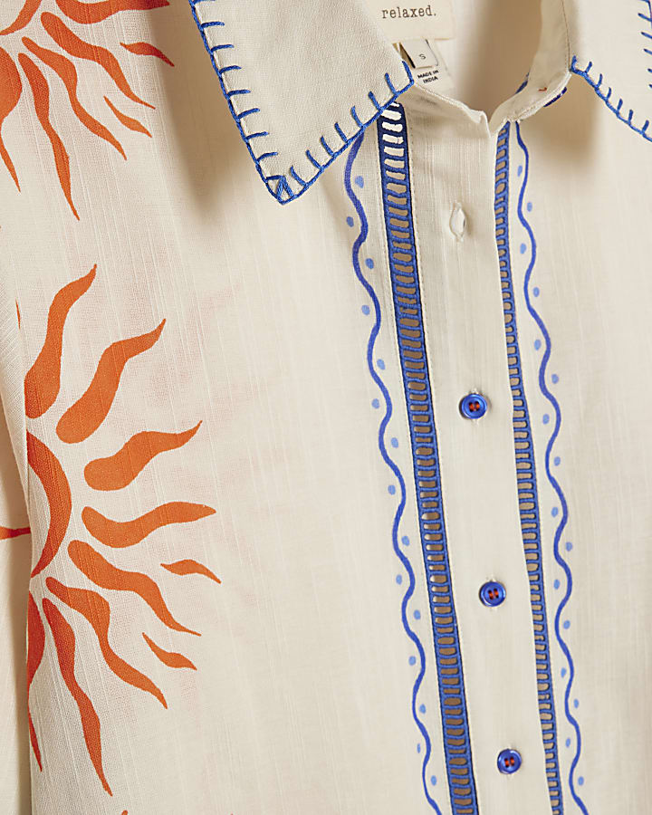 Cream Sun Embroidered Border Shirt