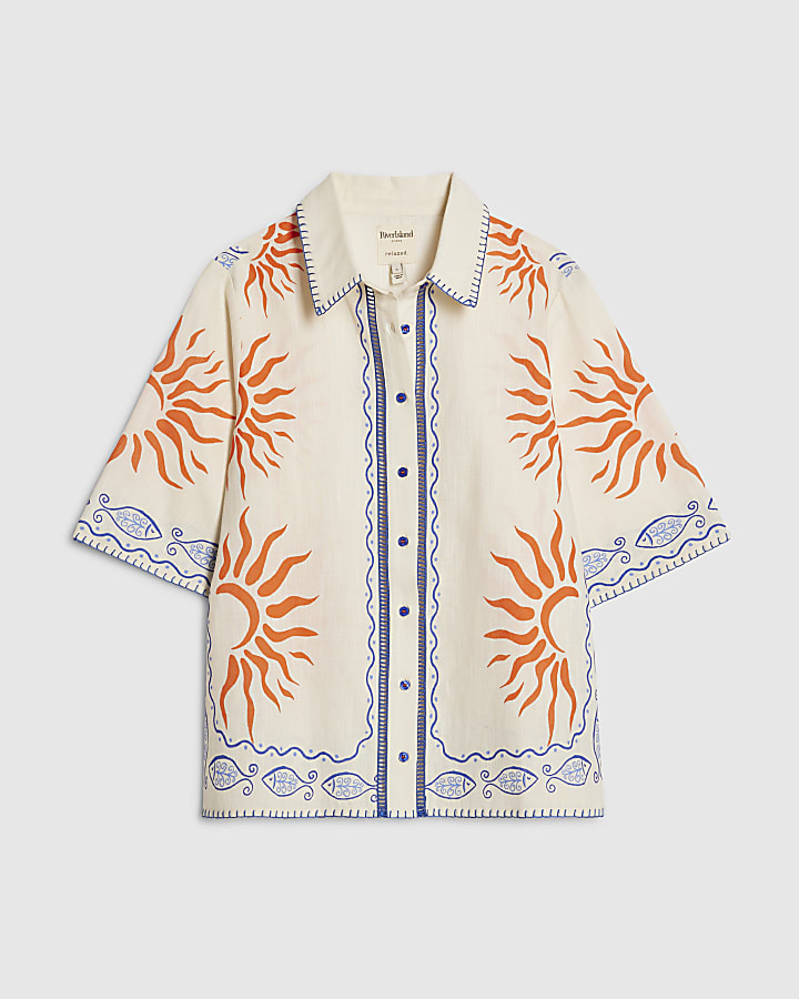 Cream Sun Embroidered Border Shirt