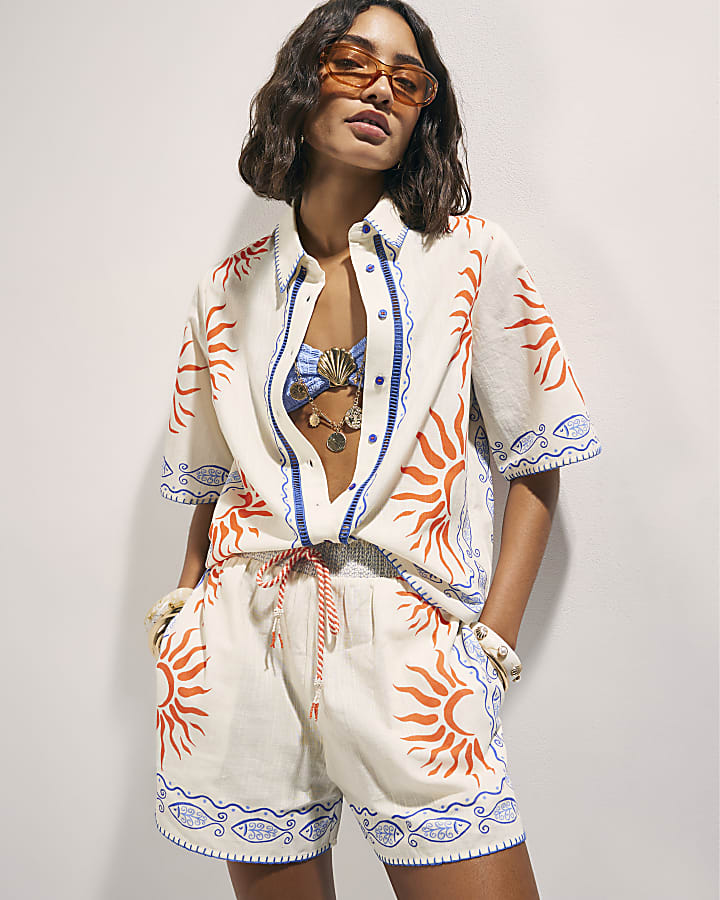 Cream Sun Embroidered Border Shirt