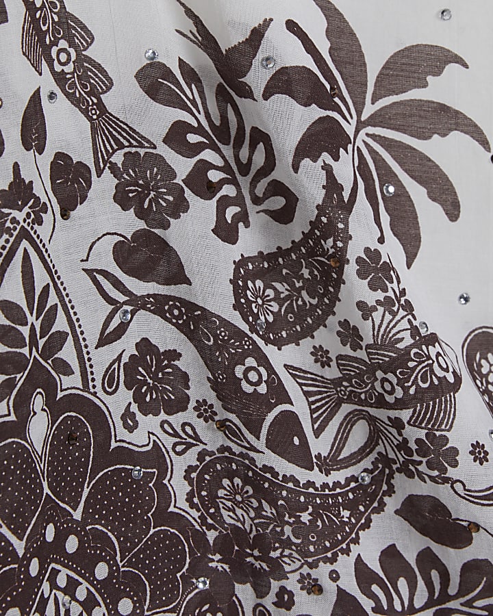 Cream Print Fringe Sarong