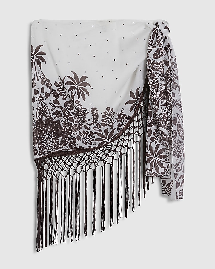 Cream Print Fringe Sarong