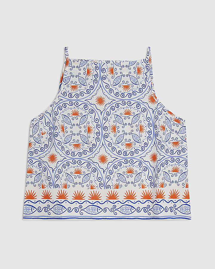 Petite Blue Printed Linen Blend Tank Top
