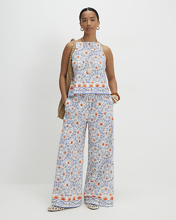 Petite Blue Print Linen Blend Tank Top