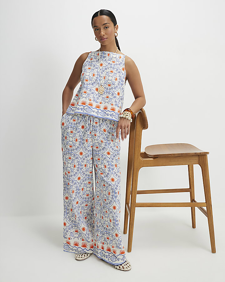 Petite Blue Printed Linen Blend Trousers