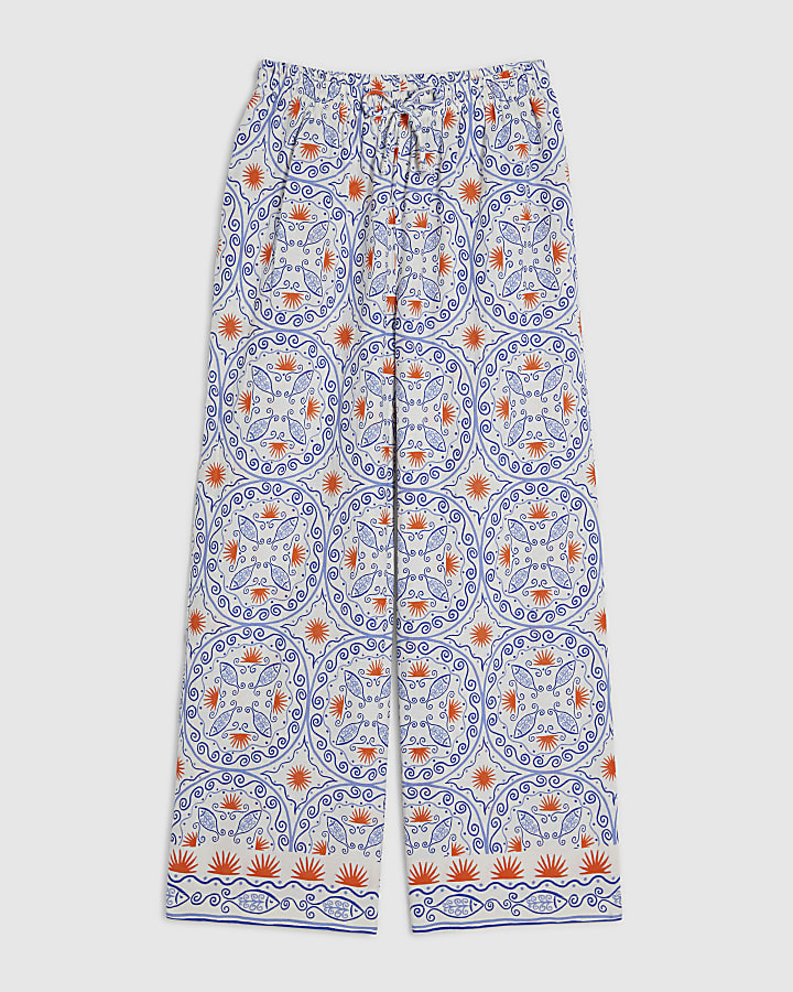 Petite Blue Printed Linen Blend Trousers