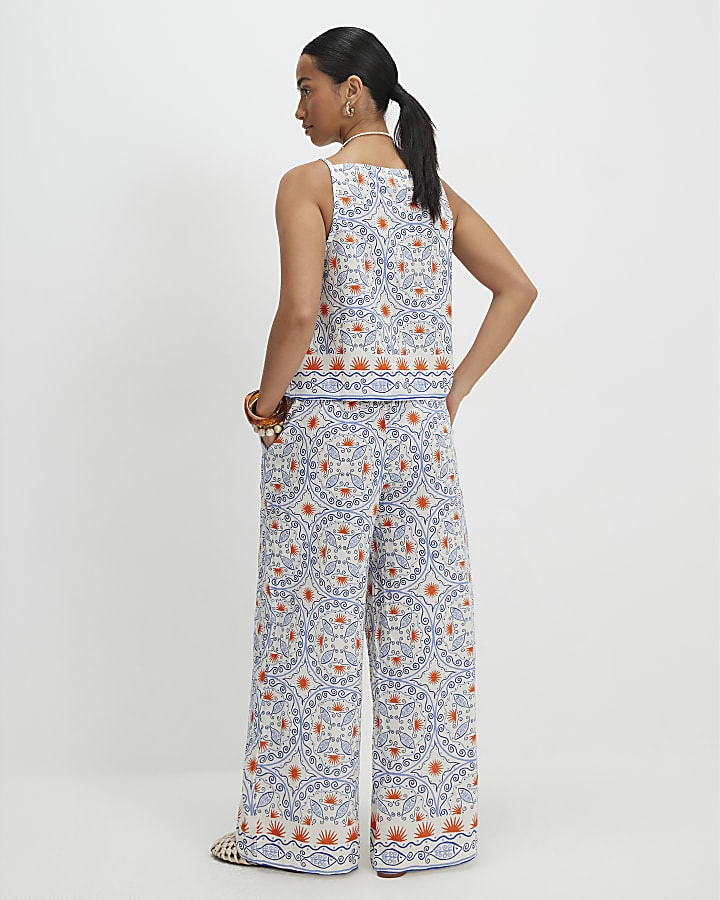Petite Blue Printed Linen Blend Trousers
