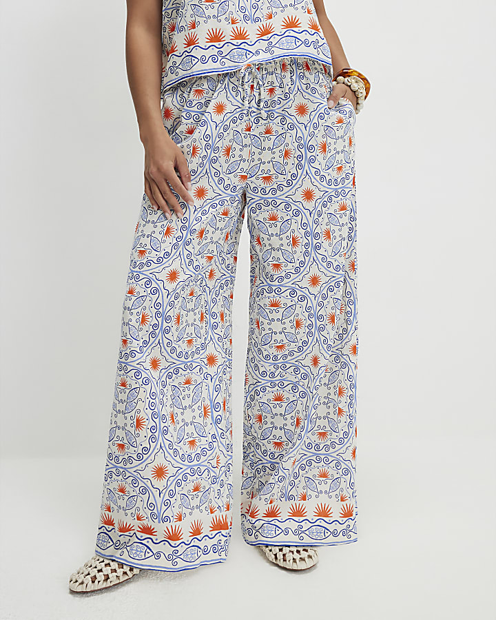 Petite Blue Printed Linen Blend Trousers