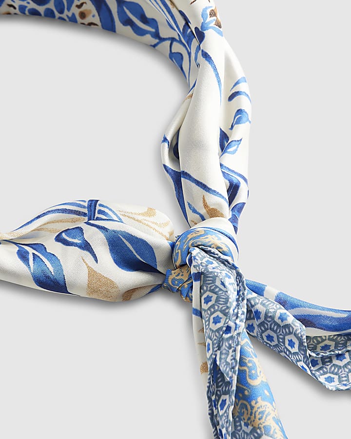 Blue Floral Print Tie Scarf