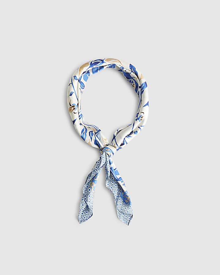 Blue Floral Print Tie Scarf