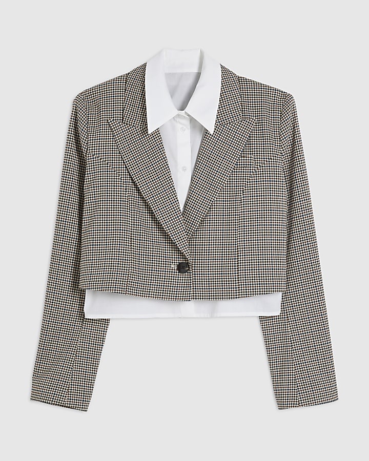 Brown Check Hybrid Cropped Blazer