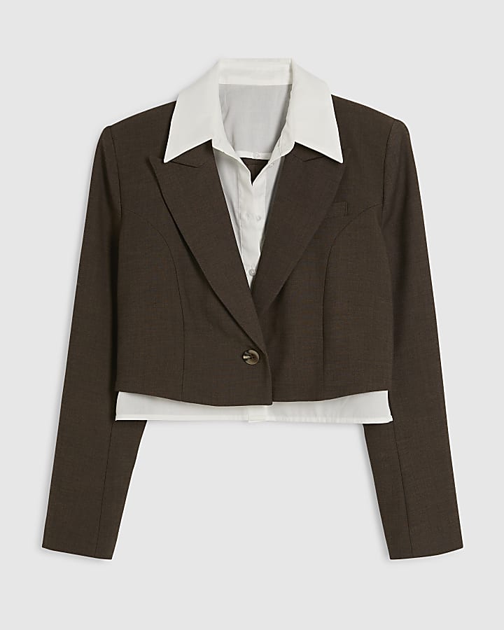 Brown Hybrid Cropped Blazer