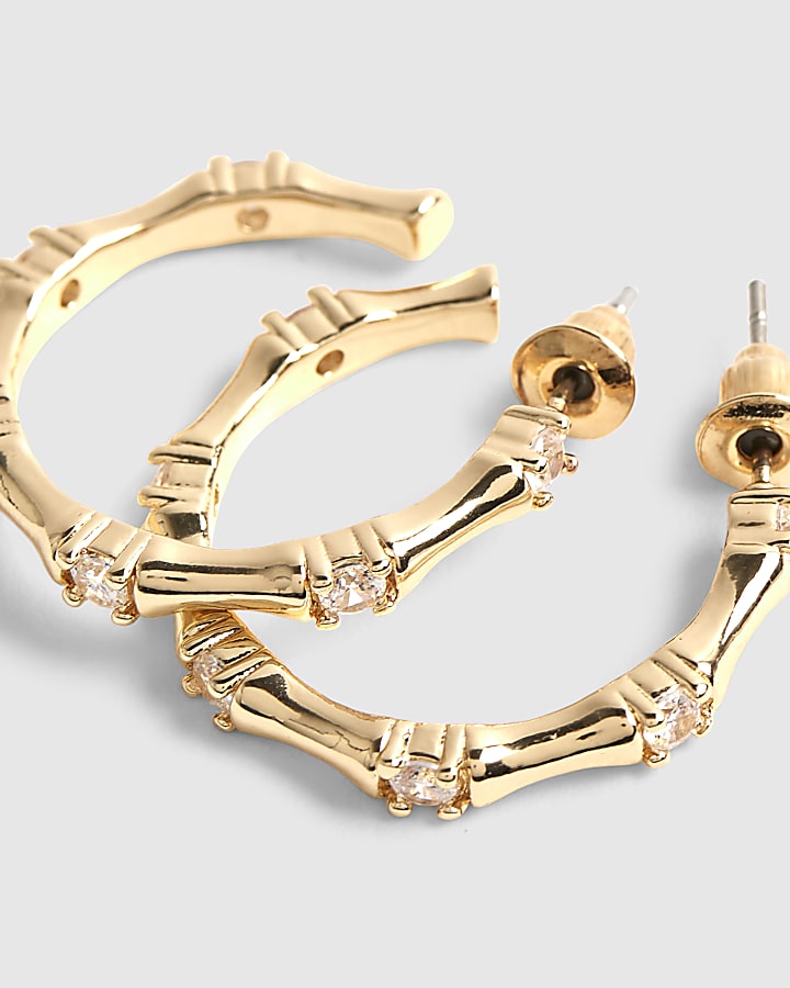Gold Diamante Bamboo Design Hoop Earrings