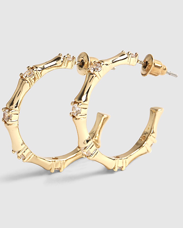 Gold Diamante Bamboo Design Hoop Earrings