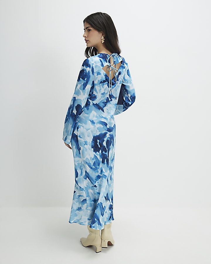 Petite Blue Floral Long Sleeve Midi Dress