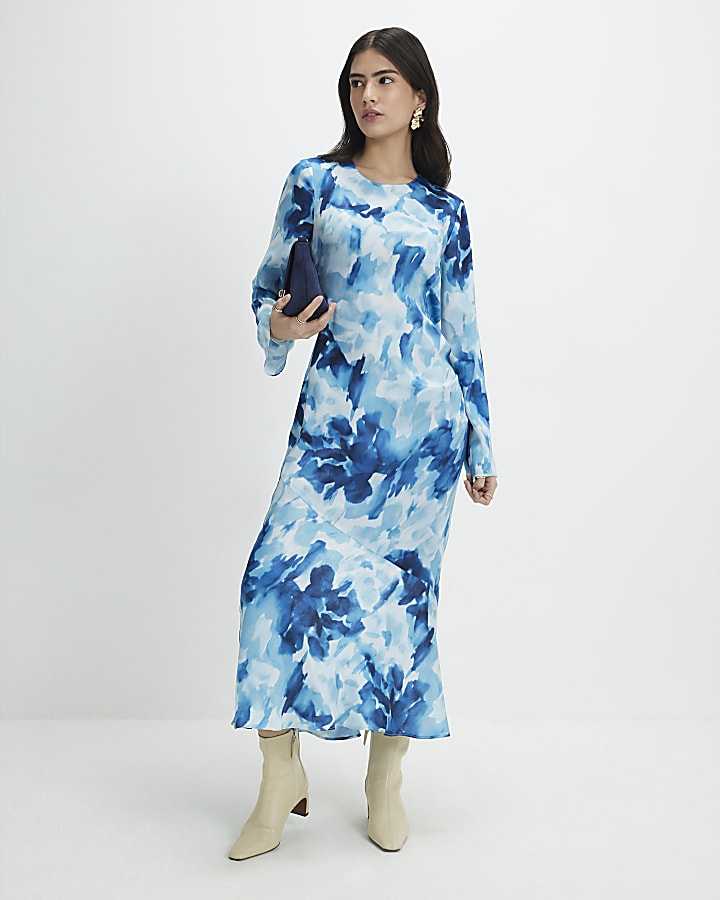 Petite Blue Floral Long Sleeve Midi Dress