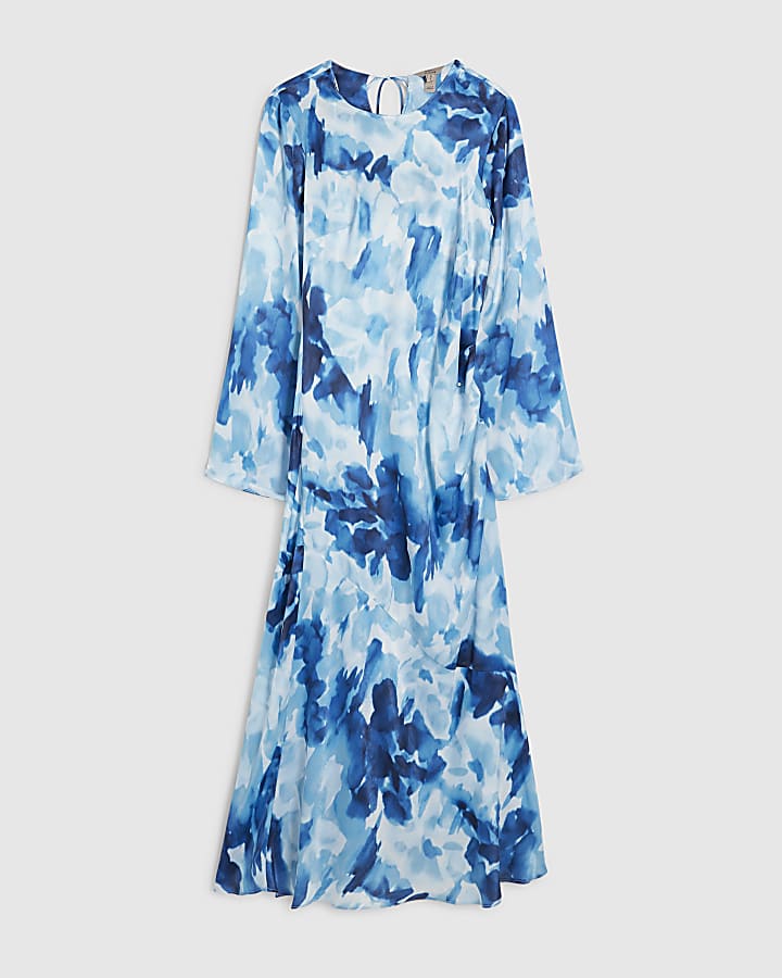 Petite Blue Floral Long Sleeve Midi Dress
