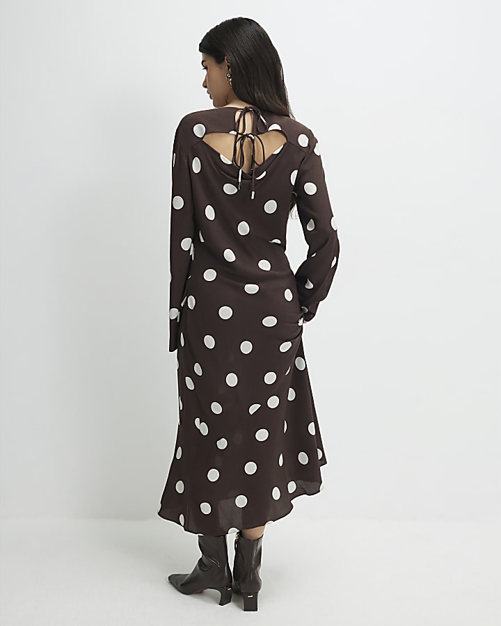 Petite Brown Long Sleeve Spotted Midi Dress