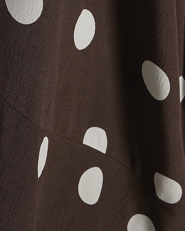 Petite Brown Long Sleeve Spotted Midi Dress