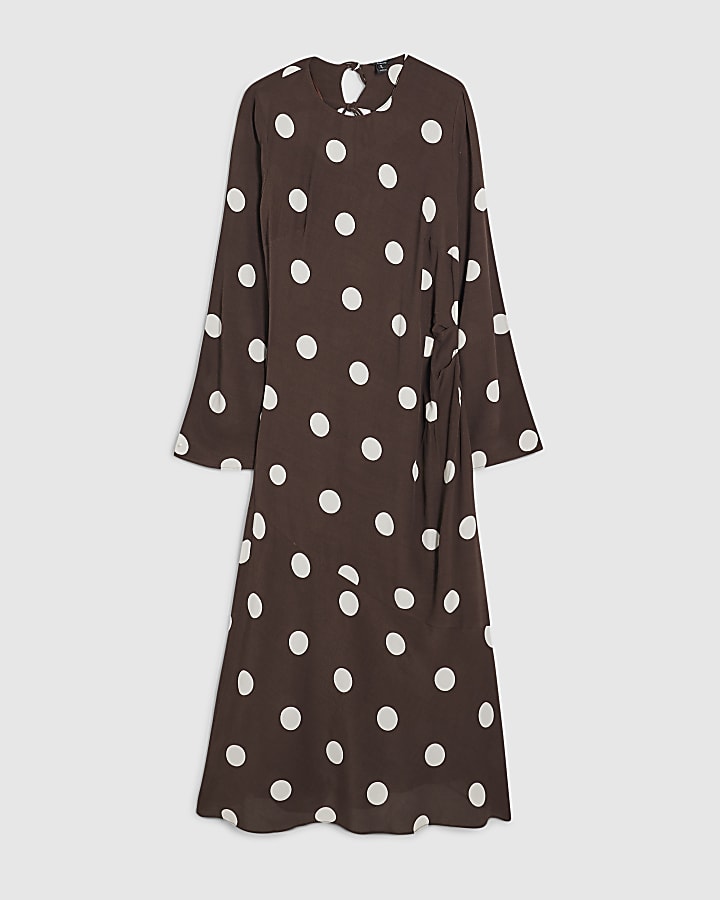 Petite Brown Long Sleeve Spotted Midi Dress