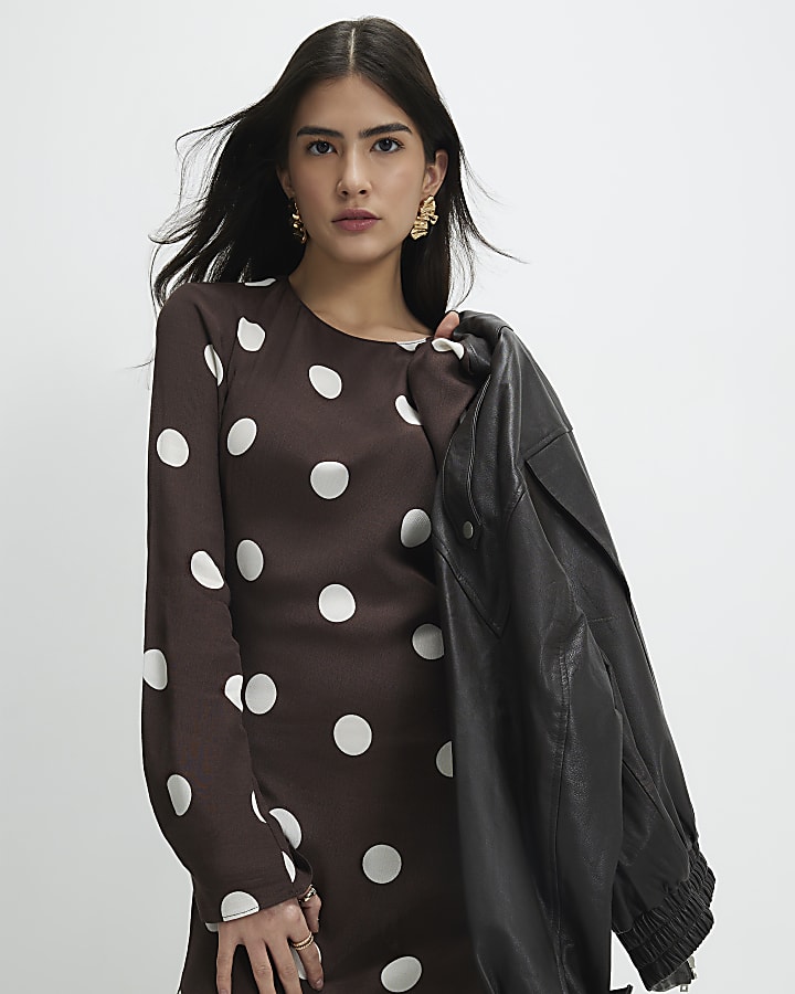 Petite Brown Long Sleeve Spotted Midi Dress