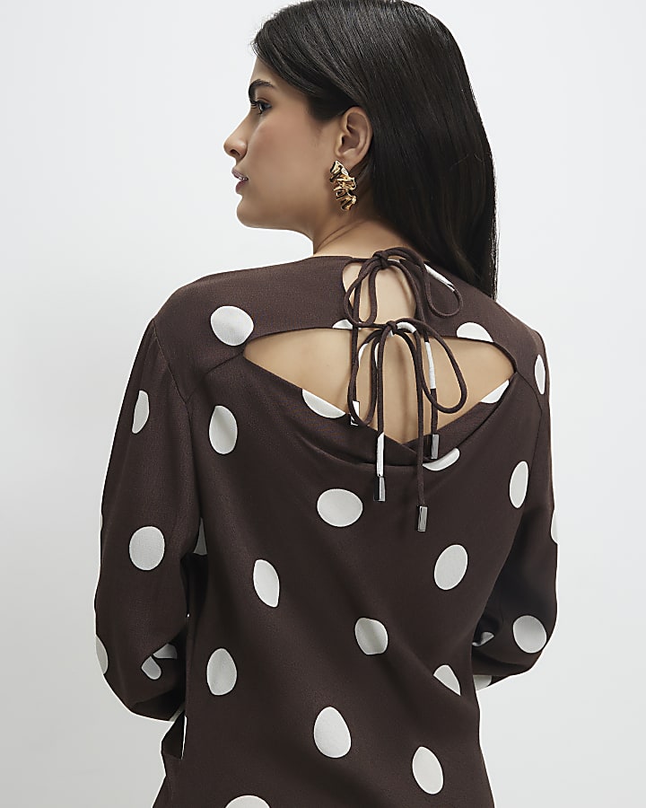 Petite Brown Long Sleeve Spotted Midi Dress