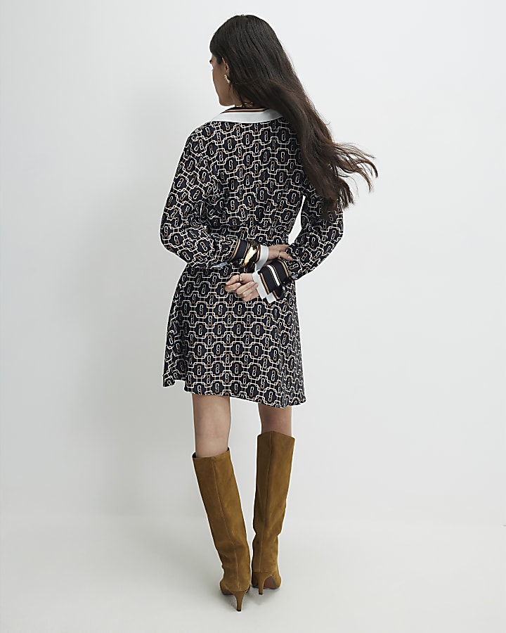 Petite Black Geometric Long Sleeve Mini Dress