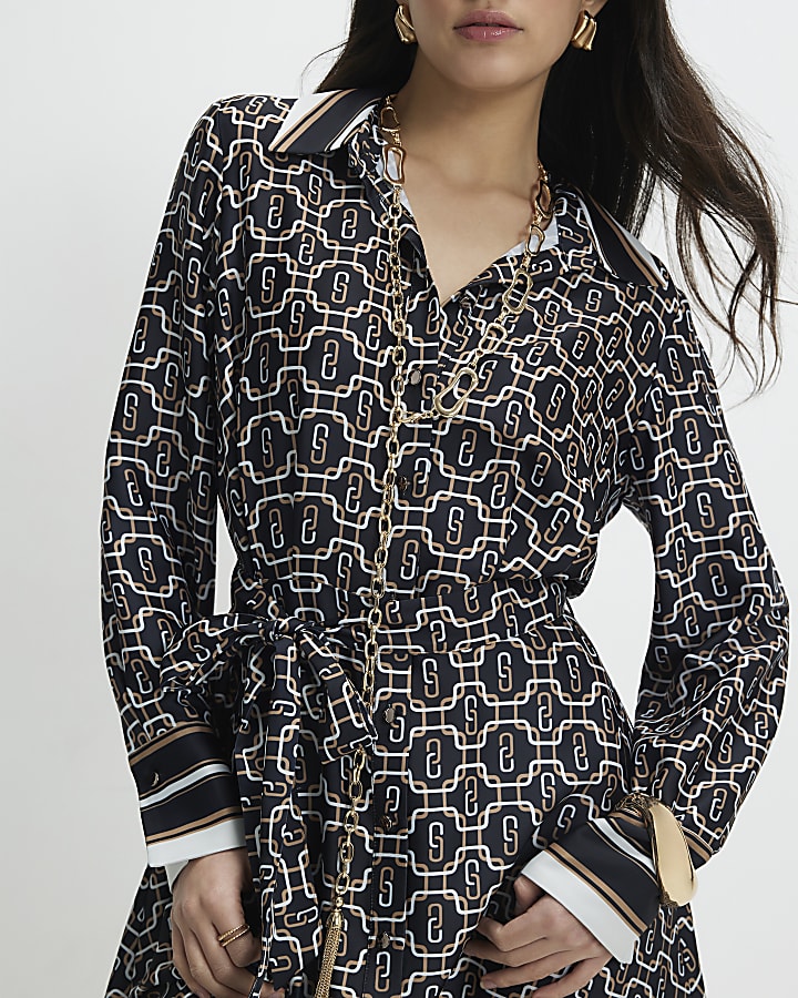 Petite Black Geometric Long Sleeve Mini Dress