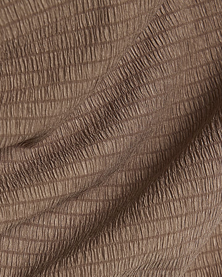 Beige Textured Pleated Off Shoulder Top