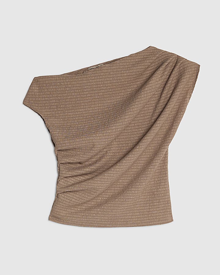 Beige Textured Pleated Off Shoulder Top