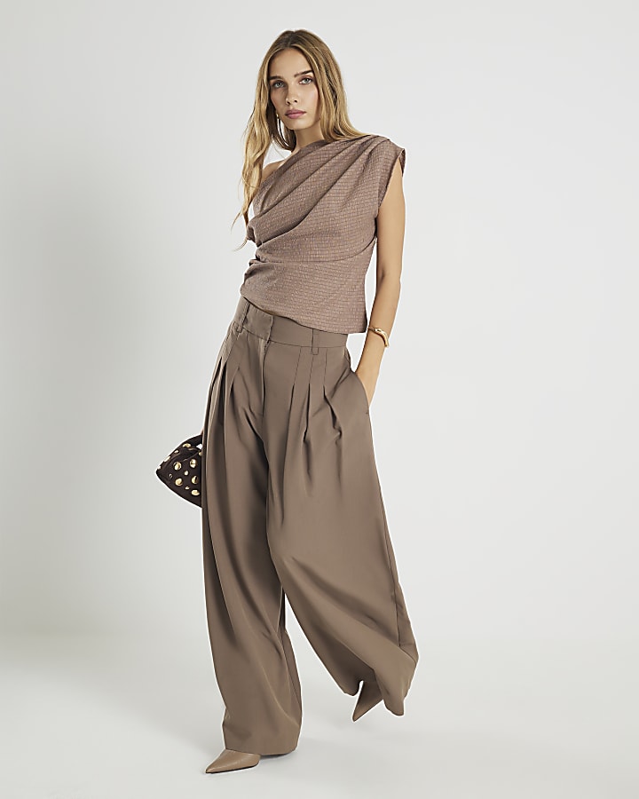 Beige Textured Pleated Off Shoulder Top