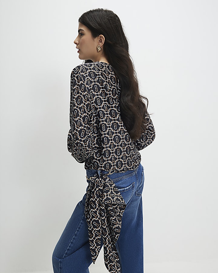 Petite Black Geometric Print Blouse