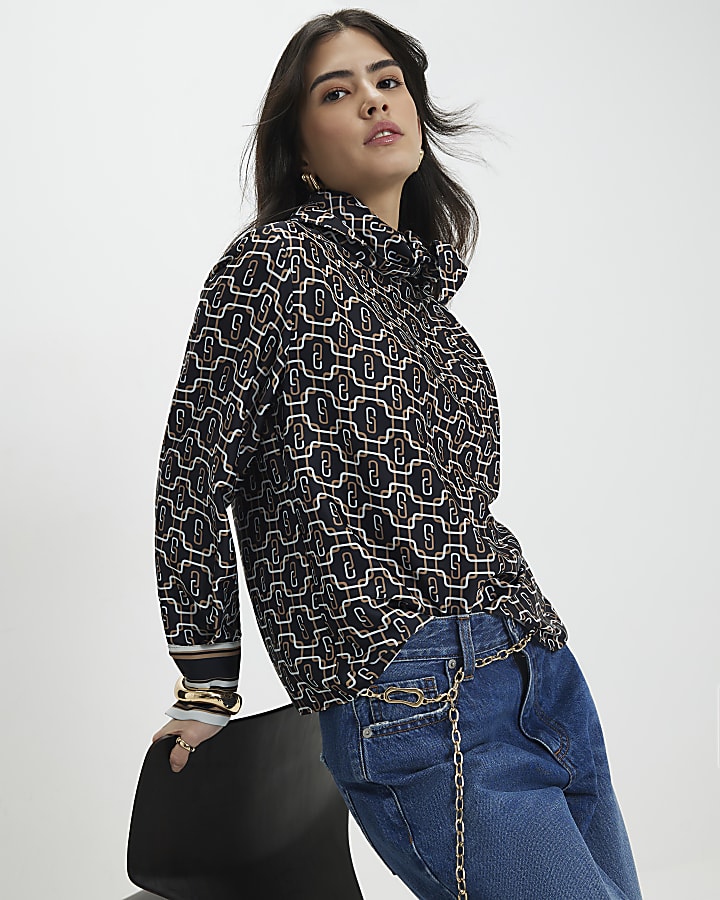 Petite Black Geometric Print Blouse