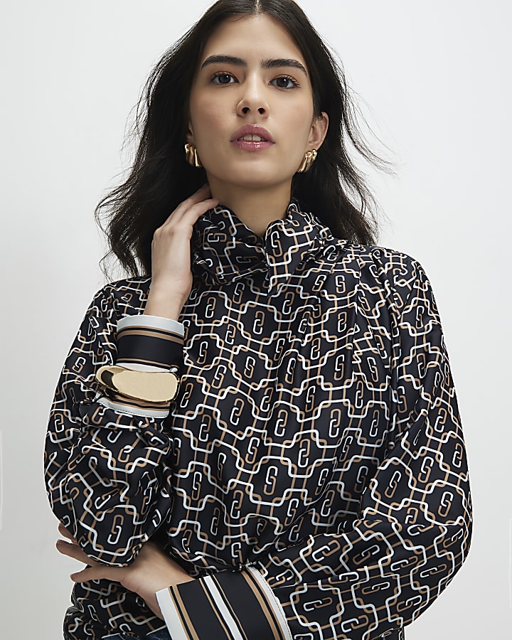 Petite Black Geometric Print Blouse