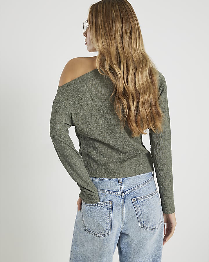 Khaki Long Sleeve Pleated Off Shoulder Top