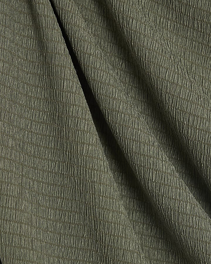 Khaki Long Sleeve Pleated Off Shoulder Top