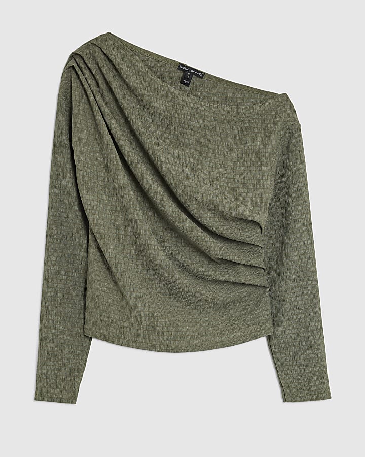 Khaki Long Sleeve Pleated Off Shoulder Top