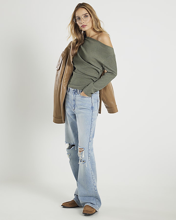 Khaki Long Sleeve Pleated Off Shoulder Top
