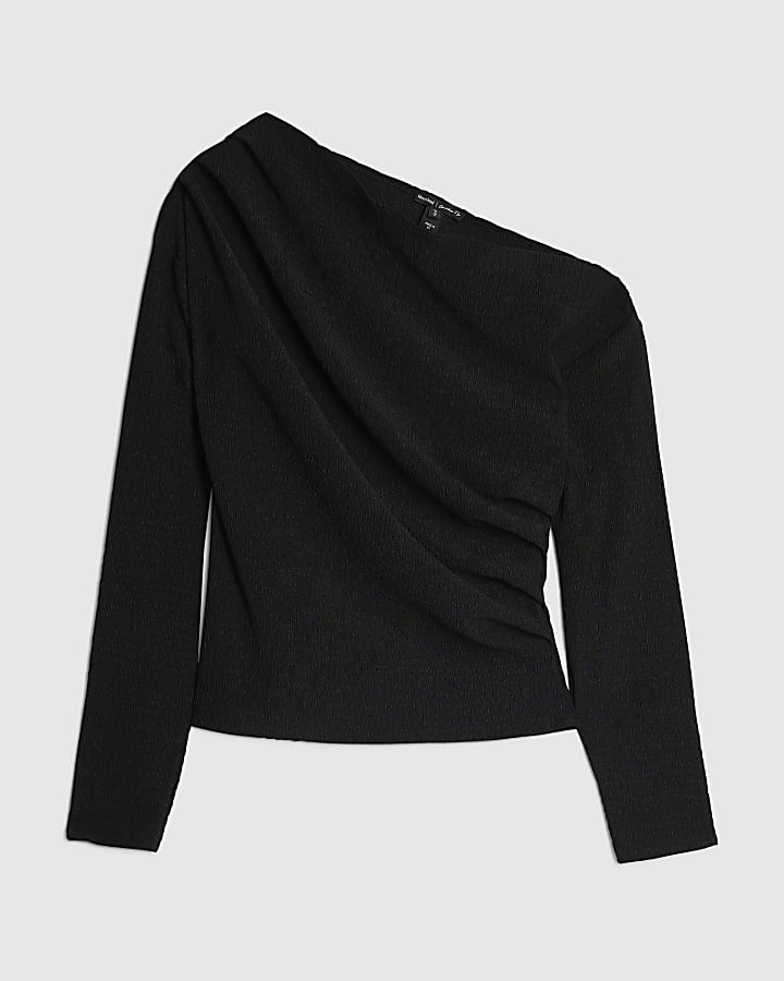 Black Long Sleeve Pleated Off Shoulder Top